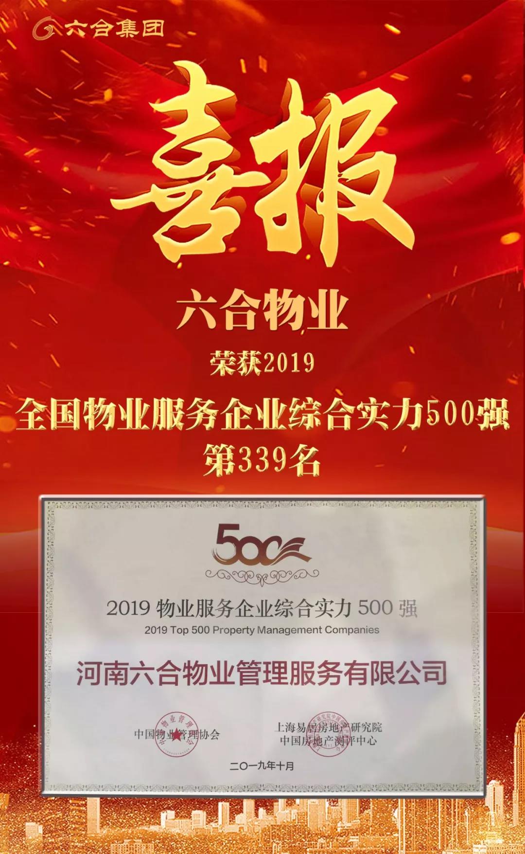 喜訊 | 六合物業榮獲2019全國物業服務企業綜合實力500強第339名